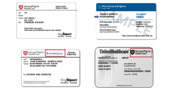 Sample insurance cards: Harvard Pilgrim Health Care, Mass General Brigham Health Plan and UnitedHealthcare with the Harvard Pilgrim logo